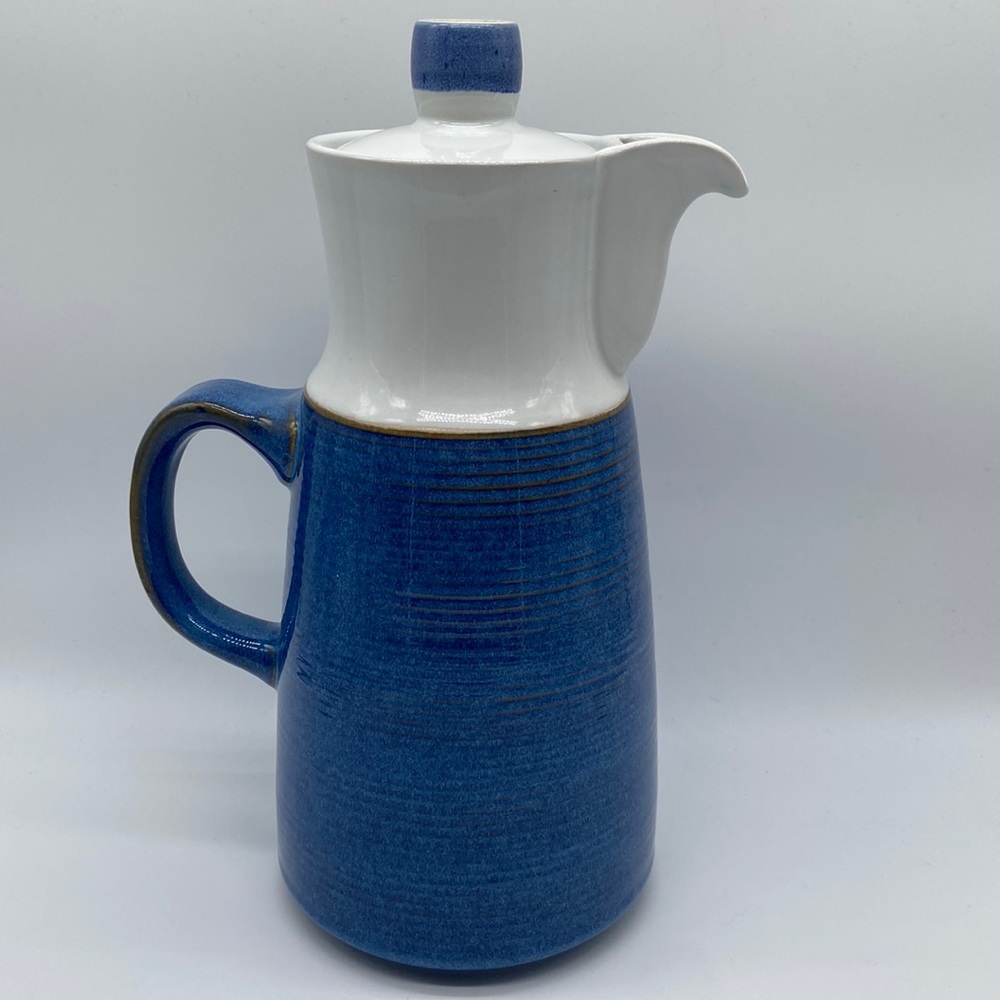 Vintage Denby Langley Chatsworth 6 Cup Coffee Pot Blue White Stoneware